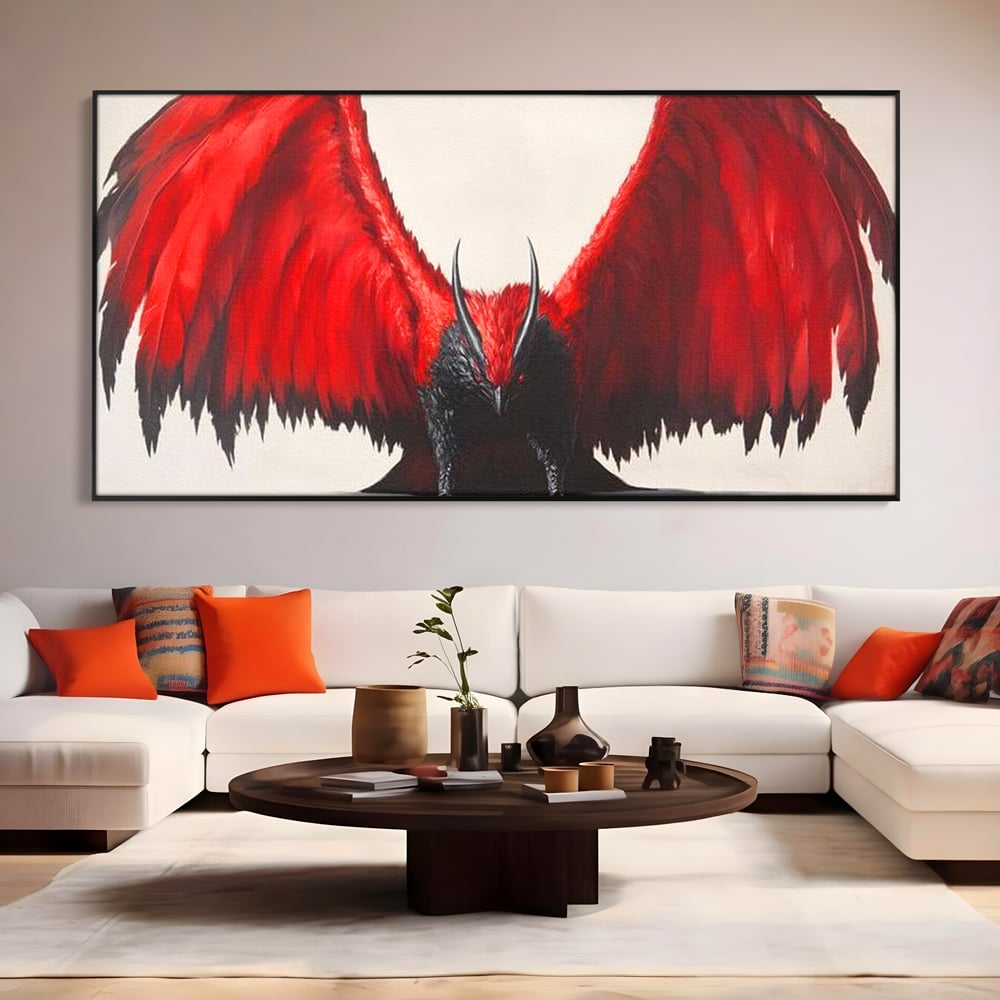Tablou canvas cu tablou canvas cu pasare fantastica rosu cu negru, in rama de aluminiu negru, pe perete intr-un living